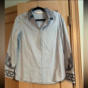 Tory Burch Embroidered Blue Button Down